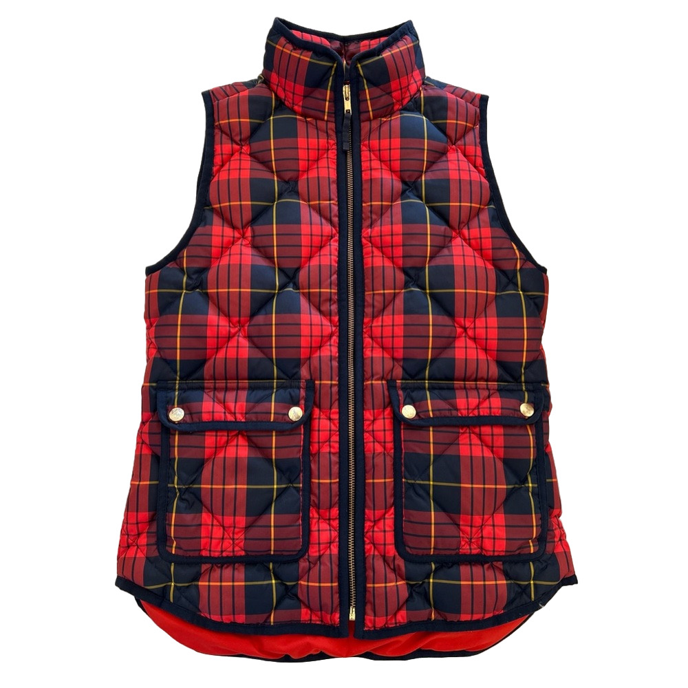 J Crew Excursion Red Navy Size XXS Quilted Vest Down Plaid Puffer Tartan